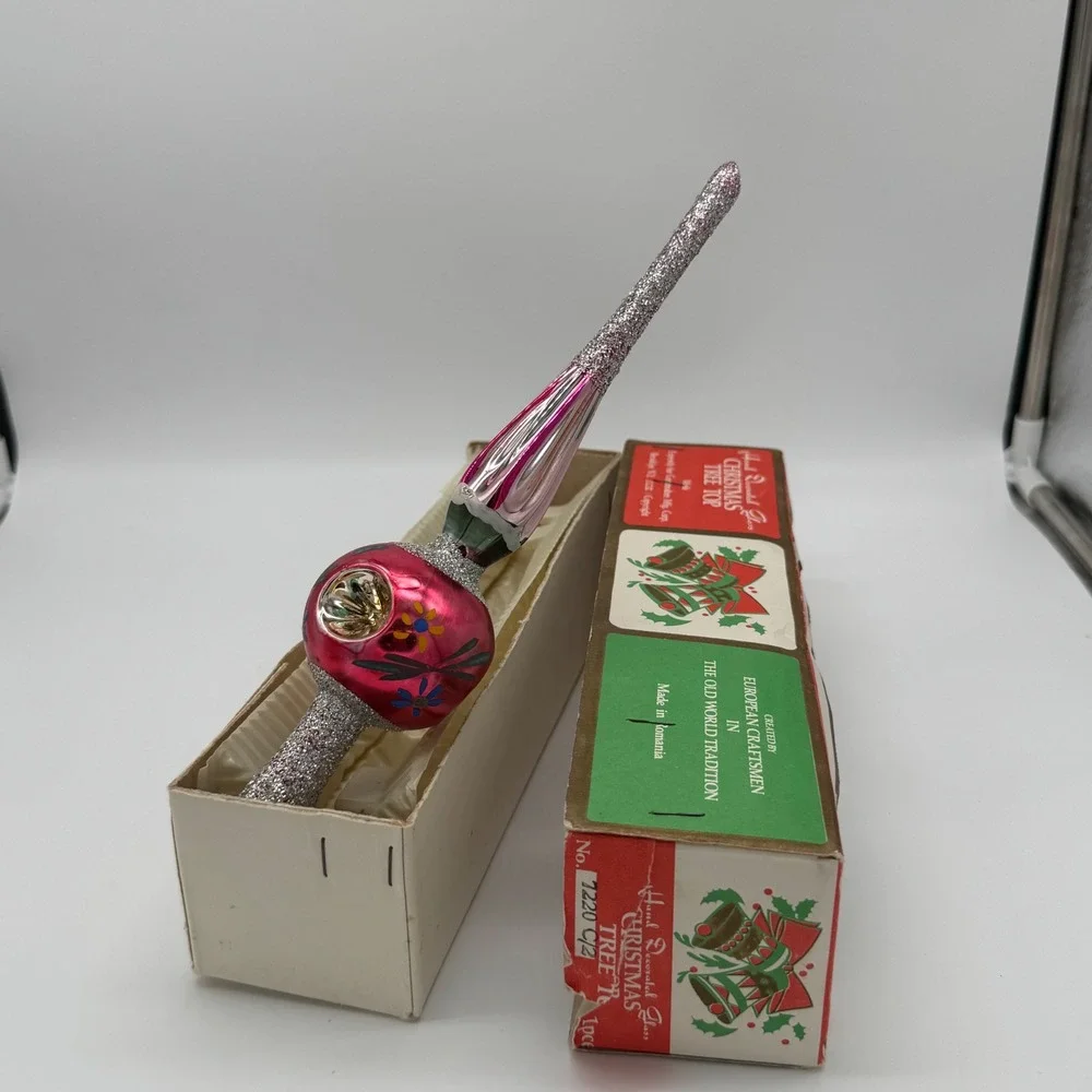 Vintage Commodore Glass Christmas Tree Topper Pink Triple Indent Romania  7220